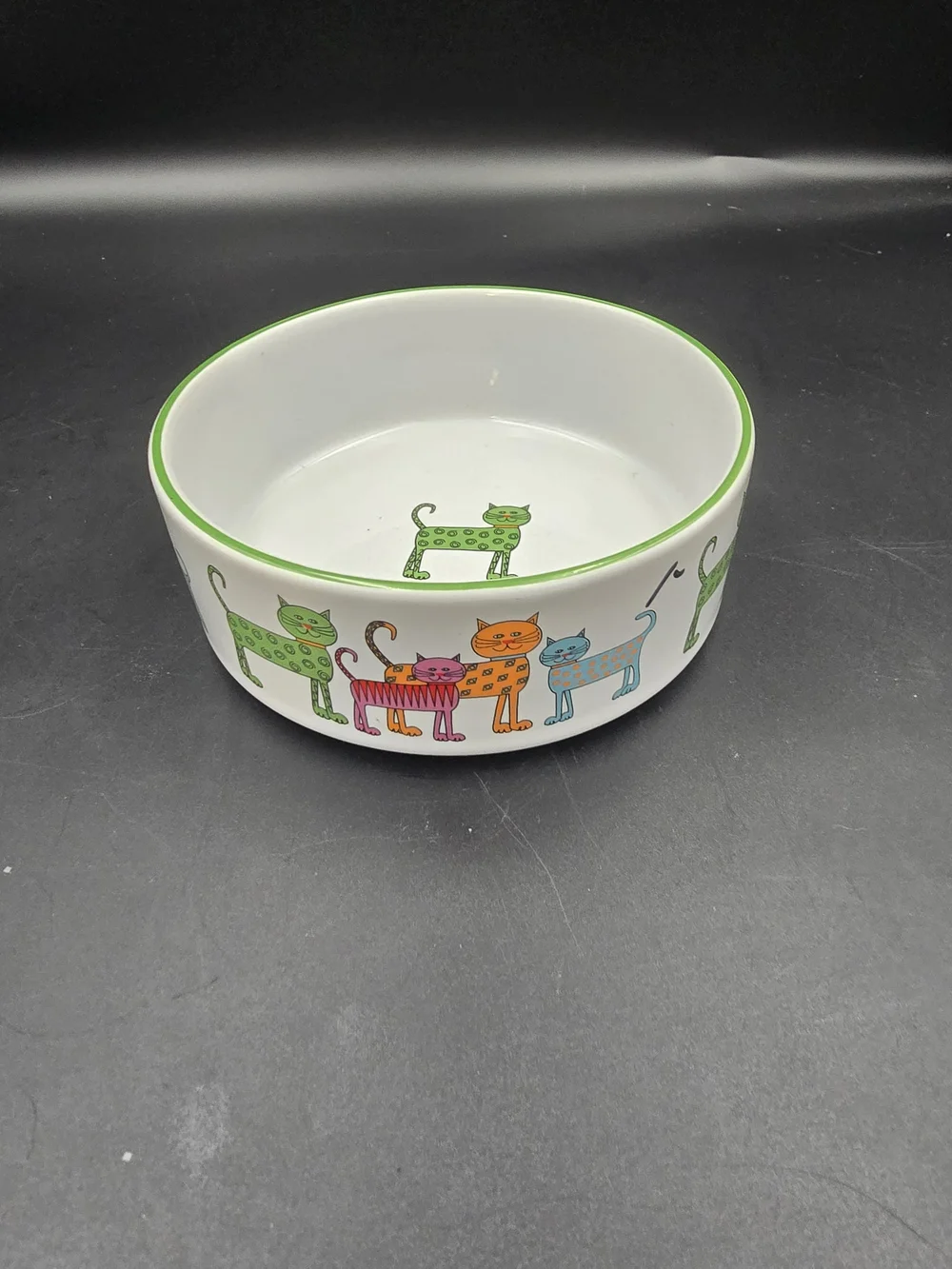 Ceramic Cat Bowl with Colorful Cat Design - Green Trim